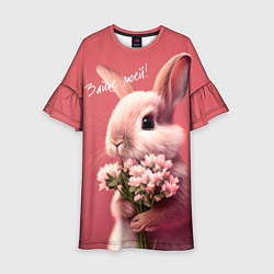 Платье клеш для девочки Розовый заяц с цветами, цвет: 3D-принт