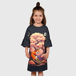 Платье клеш для девочки Лиса под сакурой, цвет: 3D-принт — фото 2