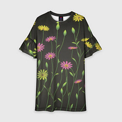Платье клеш для девочки Полевые цветочки на темном фоне, цвет: 3D-принт