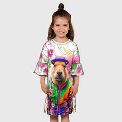 Платье клеш для девочки Капибара в модной куртке - нейросеть, цвет: 3D-принт — фото 2