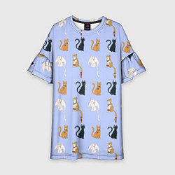 Платье клеш для девочки Паттерн с котами на голубом фоне, цвет: 3D-принт