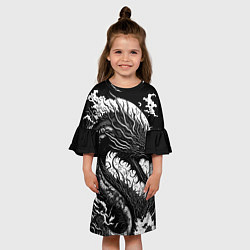 Платье клеш для девочки Черно-белый дракон и волны, цвет: 3D-принт — фото 2