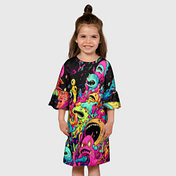 Платье клеш для девочки Космические зубастые монстры, цвет: 3D-принт — фото 2