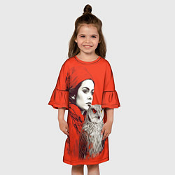 Платье клеш для девочки Леди в красном с совой, цвет: 3D-принт — фото 2