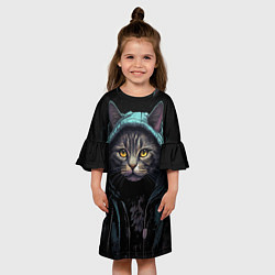 Платье клеш для девочки Кот в капюшоне стиль киберпанк, цвет: 3D-принт — фото 2