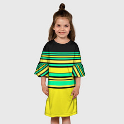 Платье клеш для девочки Разноцветный черно желтый с зеленым полосатый узор, цвет: 3D-принт — фото 2