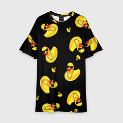Платье клеш для девочки Жёлтая уточка в в темных очках и цепочке на черном, цвет: 3D-принт