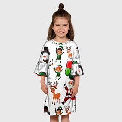 Платье клеш для девочки Зимний праздник - деды морозы гномы олени, цвет: 3D-принт — фото 2