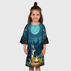 Платье клеш для девочки Волк у костра в стиле фолк-арт, цвет: 3D-принт — фото 2