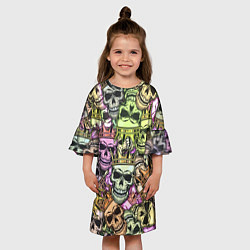 Платье клеш для девочки Разноцветные черепа с короной паттерн, цвет: 3D-принт — фото 2