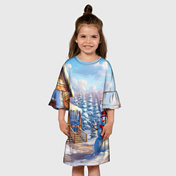 Платье клеш для девочки Новогодняя деревня и снеговик, цвет: 3D-принт — фото 2