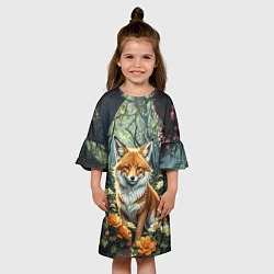 Платье клеш для девочки Лисица в лесу в цветах, цвет: 3D-принт — фото 2