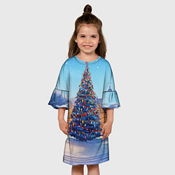 Платье клеш для девочки Новогодняя площадь с елкой, цвет: 3D-принт — фото 2