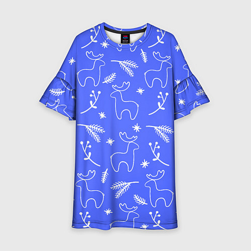 Детское платье Синий рождественский принт с оленями / 3D-принт – фото 1