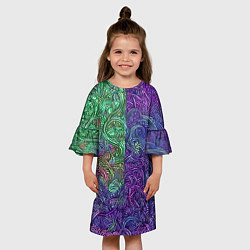 Платье клеш для девочки Вьющийся узор фиолетовый и зелёный, цвет: 3D-принт — фото 2