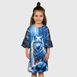 Платье клеш для девочки Волк в зимнем ночном лесу, цвет: 3D-принт — фото 2