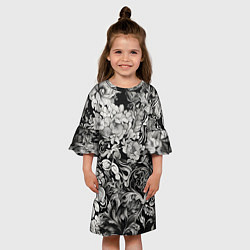 Платье клеш для девочки Чёрно белый цветочны узор, цвет: 3D-принт — фото 2