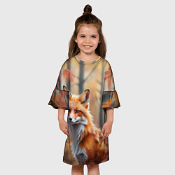 Платье клеш для девочки Рыжая лисица в осеннем лесу, цвет: 3D-принт — фото 2
