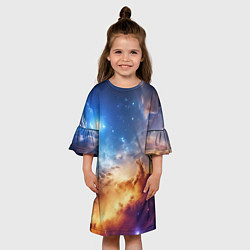 Платье клеш для девочки Оранжевая небула космос, цвет: 3D-принт — фото 2
