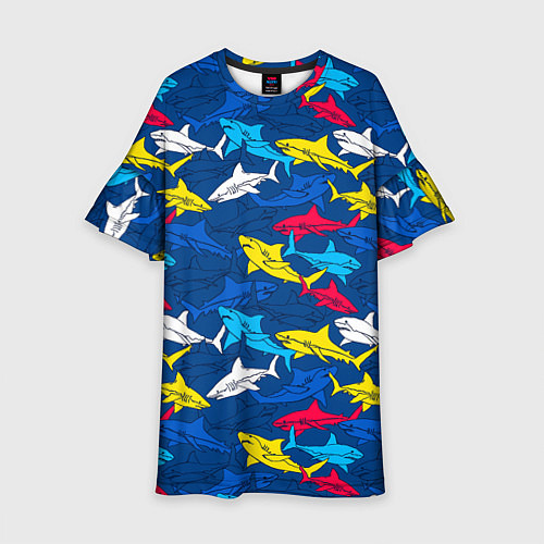 Детское платье Разноцветные акулы на глубине / 3D-принт – фото 1