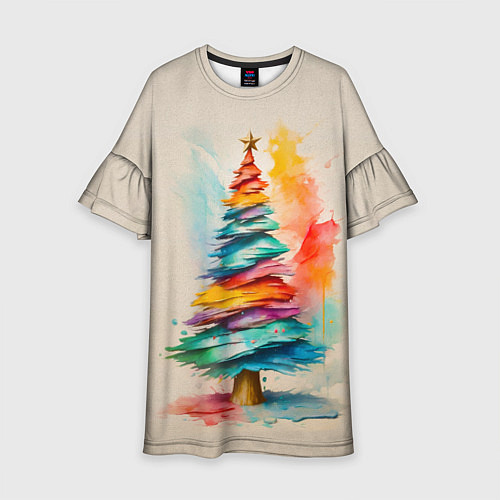 Детское платье Новогодняя ель акварелью на холсте / 3D-принт – фото 1