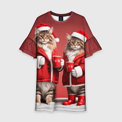 Платье клеш для девочки С новым котом - два кота в костюмах Санты, цвет: 3D-принт