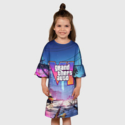 Платье клеш для девочки GTA 6 неоновый город, цвет: 3D-принт — фото 2