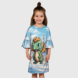 Платье клеш для девочки Зеленый дракоша 2024, цвет: 3D-принт — фото 2
