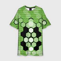 Платье клеш для девочки Зелёная кибер броня hexagons, цвет: 3D-принт