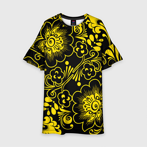 Детское платье Хохломская роспись золотые цветы на чёроном фоне / 3D-принт – фото 1
