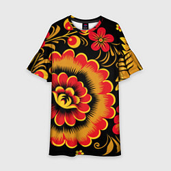 Платье клеш для девочки Хохломская роспись красно-жёлтые цветы на чёрном ф, цвет: 3D-принт