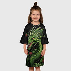 Платье клеш для девочки Зеленый яркий неоновый дракон символ 2024 года, цвет: 3D-принт — фото 2