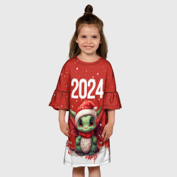 Платье клеш для девочки 2024 дракон новогодний красный фон, цвет: 3D-принт — фото 2