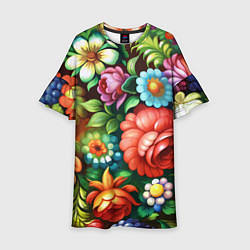 Платье клеш для девочки Жостово роспись цветы традиционный узор, цвет: 3D-принт