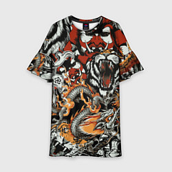 Платье клеш для девочки Самурай дракон и тигр, цвет: 3D-принт