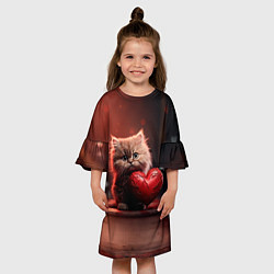 Платье клеш для девочки Пушистая кошечка с сердечком 14 февраля, цвет: 3D-принт — фото 2