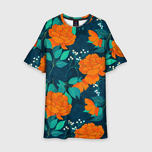 Детское платье Паттерн с оранжевыми цветами / 3D-принт – фото 1