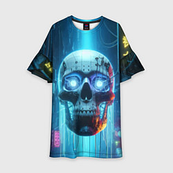 Платье клеш для девочки Cyber skull - neon glow ai art, цвет: 3D-принт