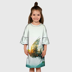 Платье клеш для девочки Летящий голубь и лес эффект двойной экспозиции, цвет: 3D-принт — фото 2