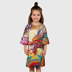 Платье клеш для девочки Дракон на фоне солнца и сакуры - граффити, цвет: 3D-принт — фото 2