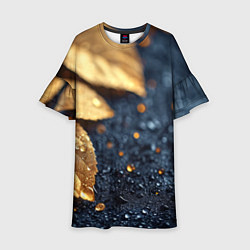 Платье клеш для девочки Золотые листья на темном фоне, цвет: 3D-принт