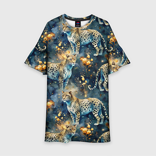 Детское платье Леопард и золотые капли на синем фоне / 3D-принт – фото 1