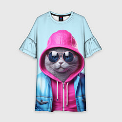 Платье клеш для девочки Кот в капюшоне и очках, цвет: 3D-принт