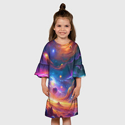 Платье клеш для девочки Космический пейзаж яркий с галактиками, цвет: 3D-принт — фото 2