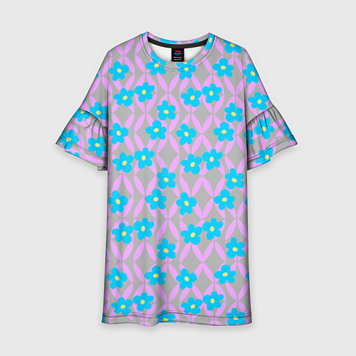 Детское платье Голубые цветочки на розовом орнаменте / 3D-принт – фото 1