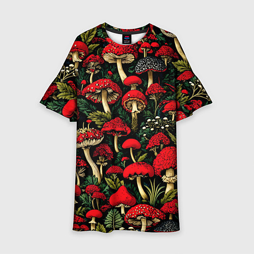Детское платье Лесные красные грибы мухоморы - паттерн / 3D-принт – фото 1