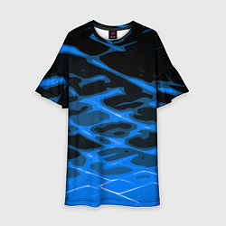 Платье клеш для девочки Синие абстрактные полосы на чёрном фоне, цвет: 3D-принт
