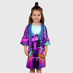 Платье клеш для девочки Чувак с мечом в неоновом городе - Майнкрафт, цвет: 3D-принт — фото 2