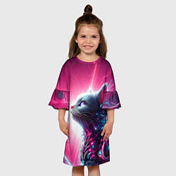Платье клеш для девочки Космический кибер котёнок - неоновое свечение, цвет: 3D-принт — фото 2