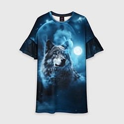 Платье клеш для девочки Волк ночное синее небо, цвет: 3D-принт